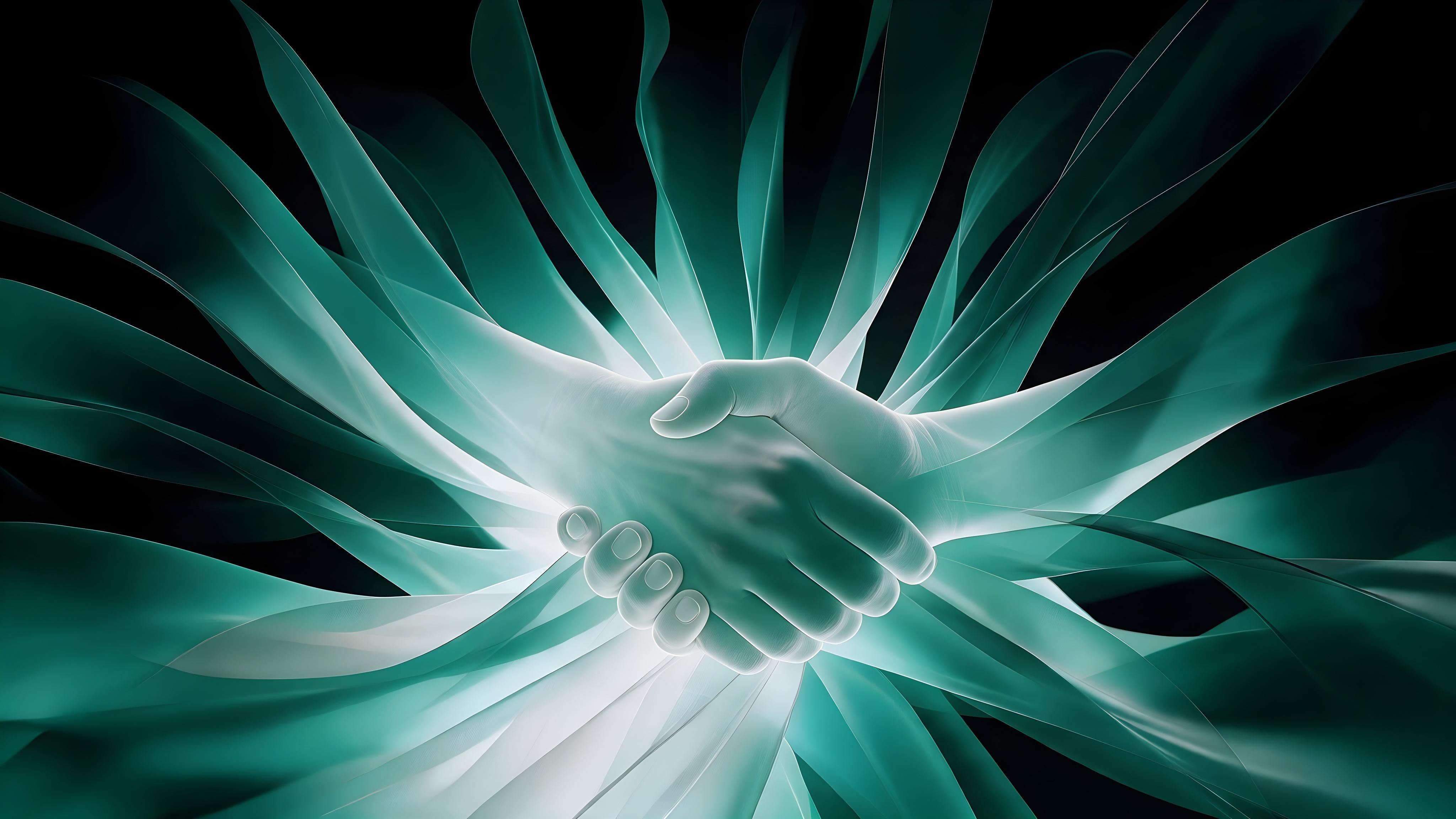 Business partners shaking hands over a connected digital network